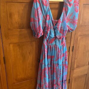 Flying Tomato Teal Dress with Hot Pink Leaf Print